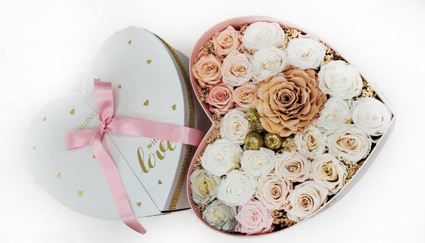 Heart Preserved White Cream Combination Roses Box