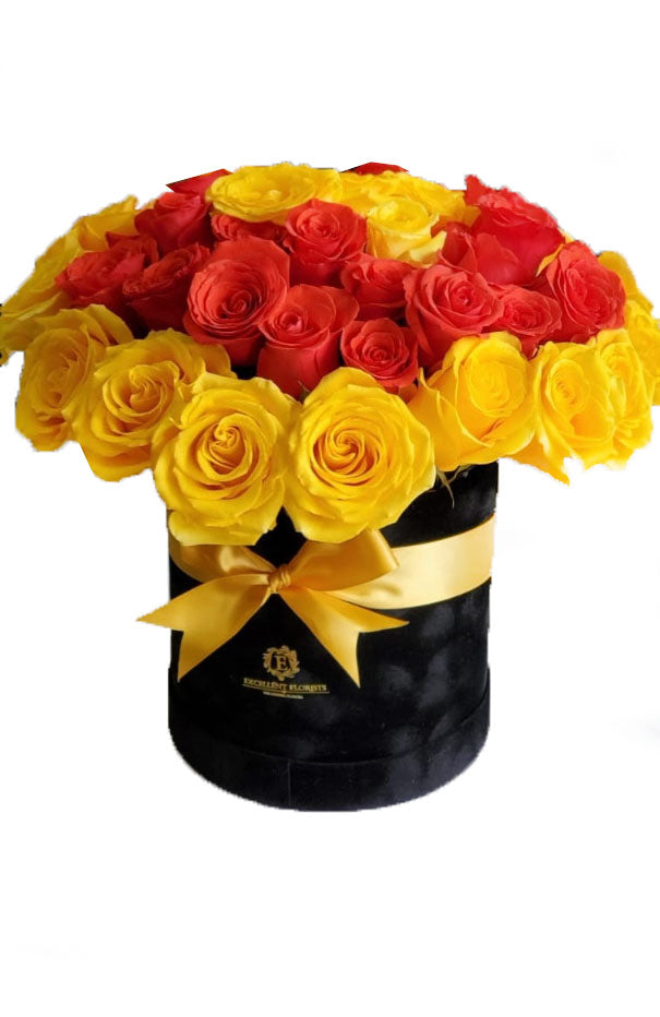 Bicolor Red and Yellow Preserved roses round box