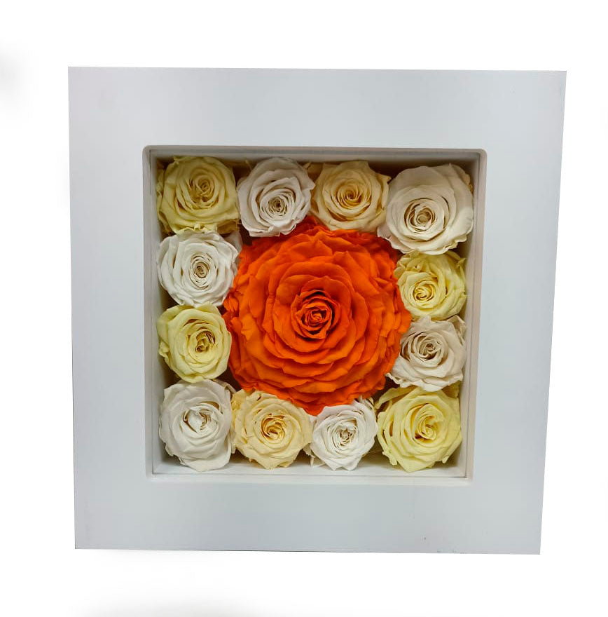 Wall Frame with Preserved Yellow and Orange Roses (White Frame)