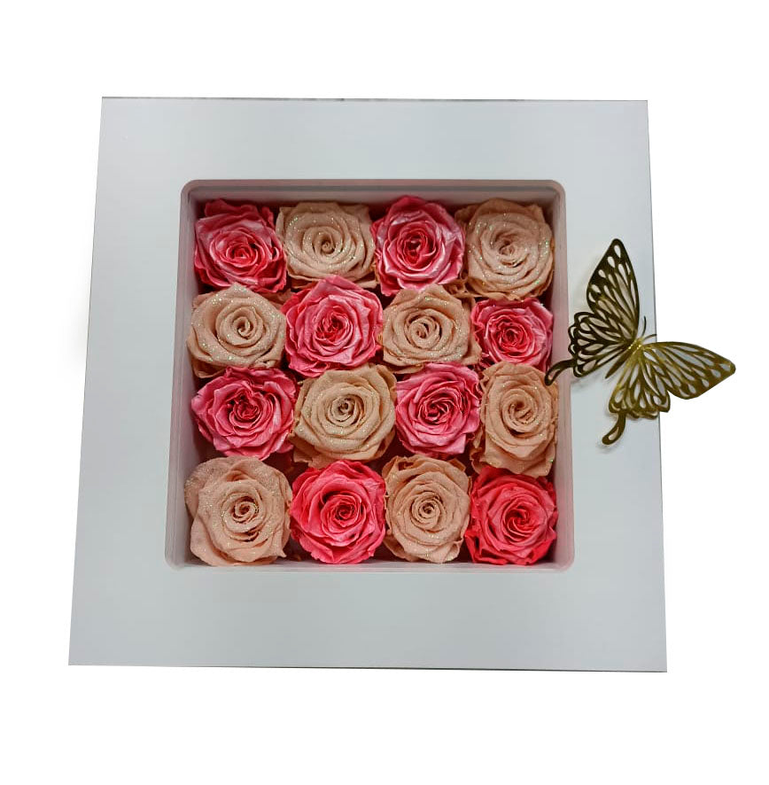 Wall Frame with Preserved Cream and Pink Roses