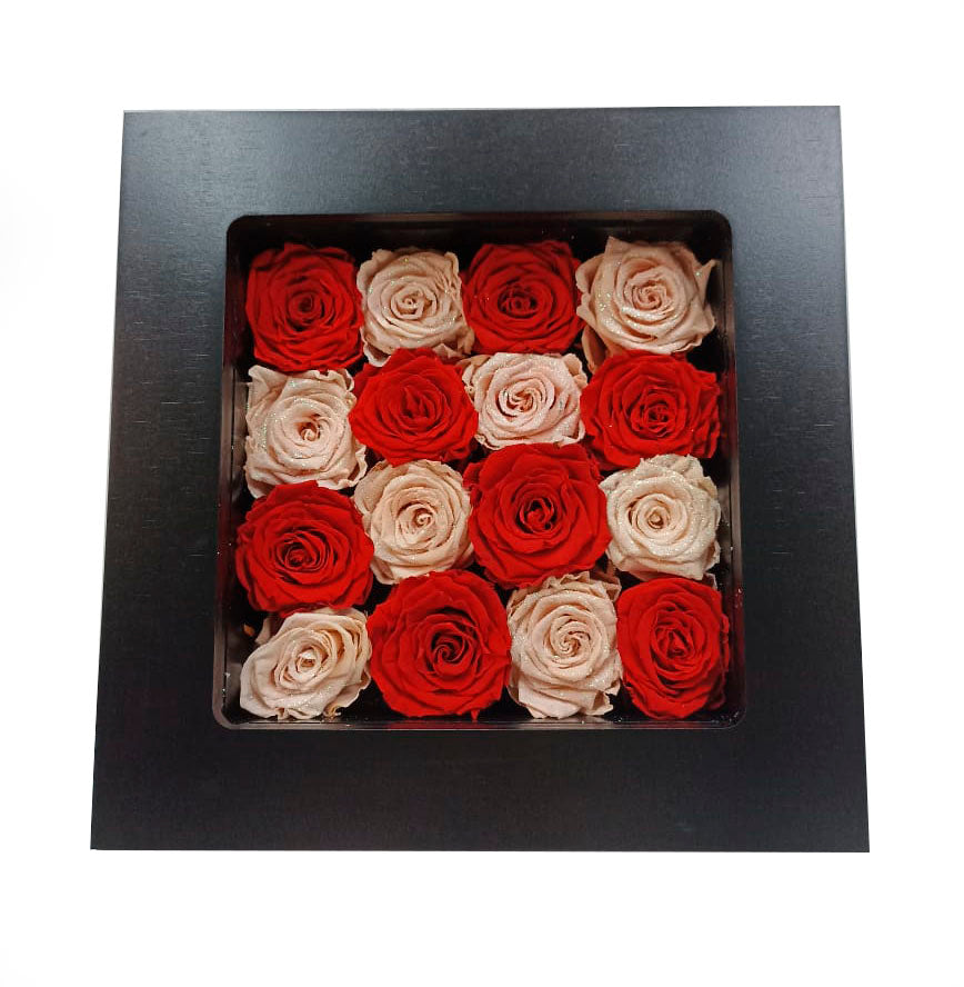 Large Square box plenty of preserved coral and red roses