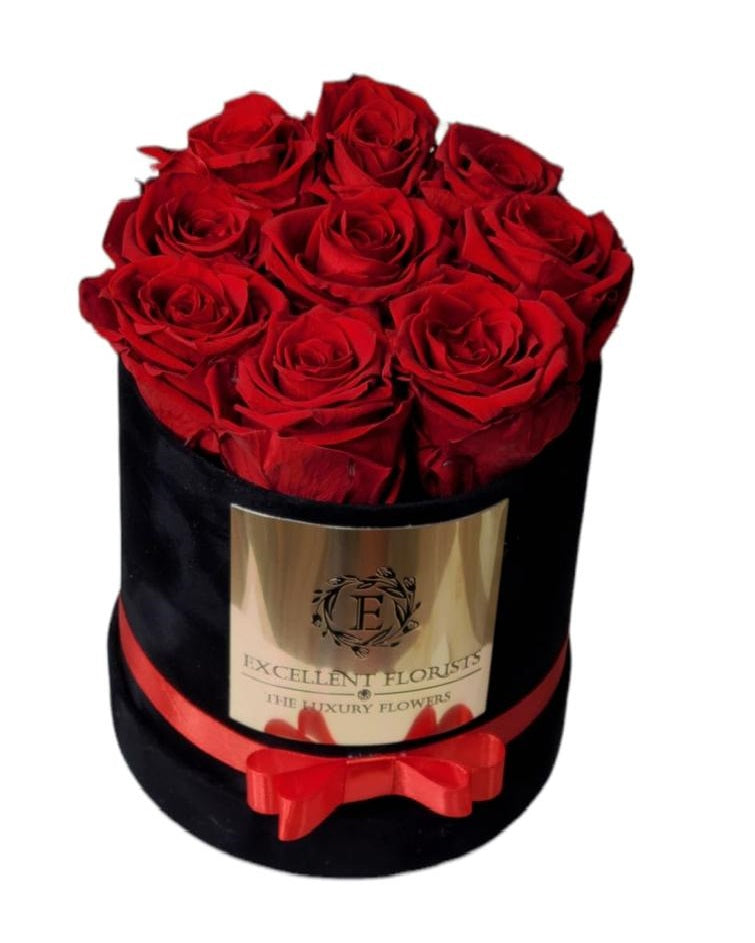 Small Round luxury box Red Preserved Roses ( 9 roses )