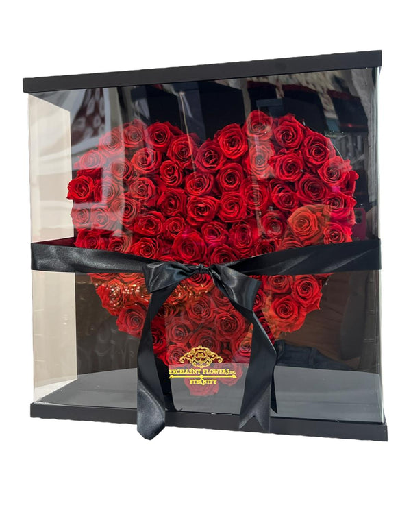 Heart Shaped Rose Arrangement in an Acrylic Box with 100 Excellent Eternity® Roses