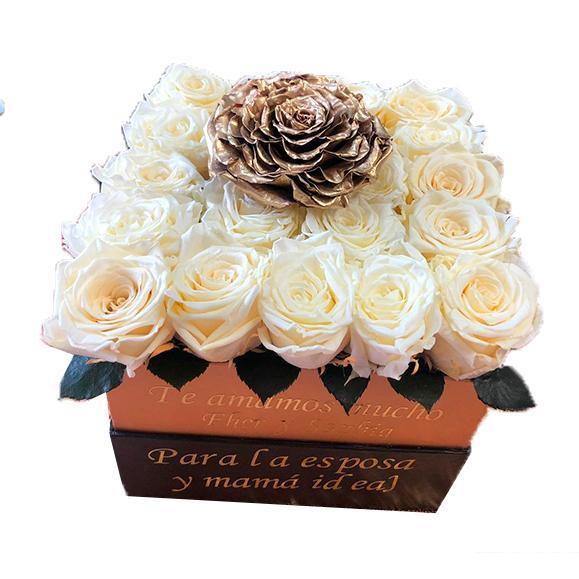 Medium Square White and Gold Preserved Roses