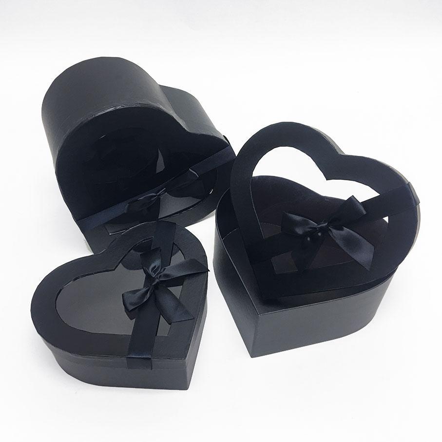 Black Heart Shape Flower Boxes Set of 3 With Ribbon