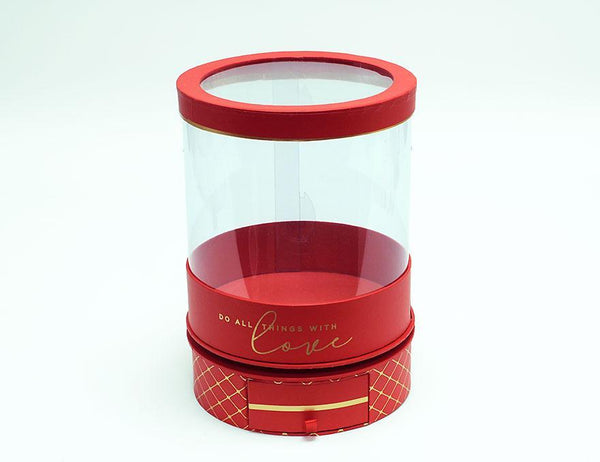 Rotatable Clear Round Shape Flower Box with Red Lid and Base 