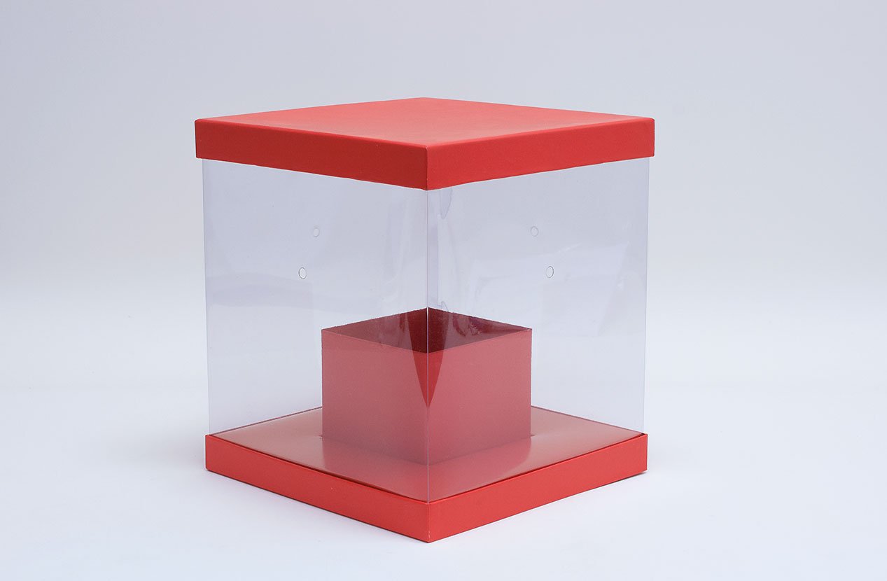 Clear Square Flower Box with Red Lid and Base 