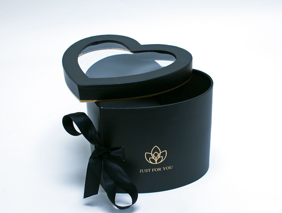 Black Heart Shape Flower Box with Window Lid (Two-Layers)