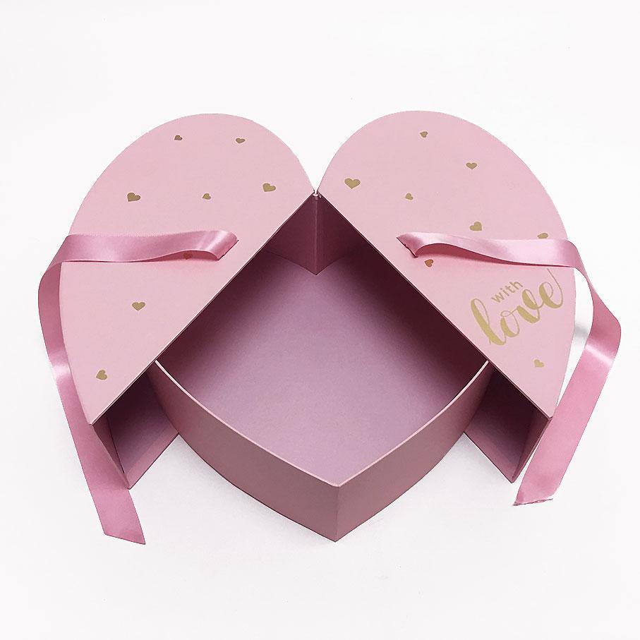Pink Heart Shape Flower Box with Ribbon Opens From Middle Nested Heart