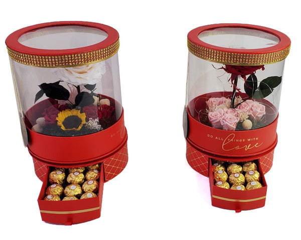 Garden of preserved roses and chocolates includes a jumbo in a luxury box