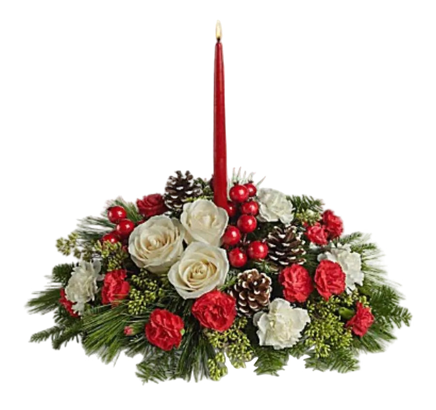 A festive floral arrangement featuring roses, carnations, pinecones, and Christmas-themed decorations, intended for table display.
