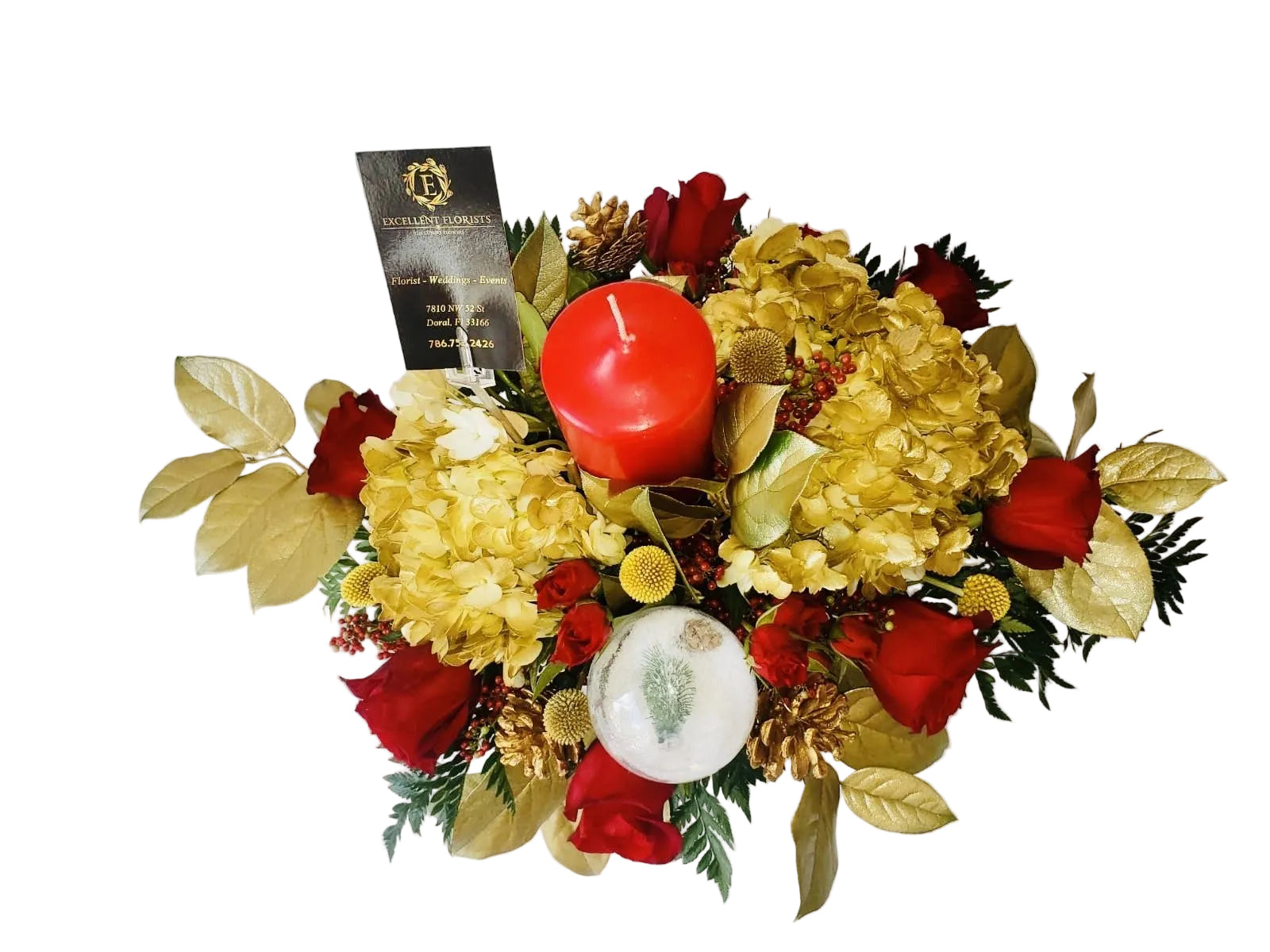 Christmas Traditions floral centerpiece with roses, hydrangeas, festive greenery, pinecones and holiday berries