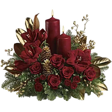 Crimson Glow Candle Centerpiece with red flowers, gold accents, holiday greenery and two pillar candles