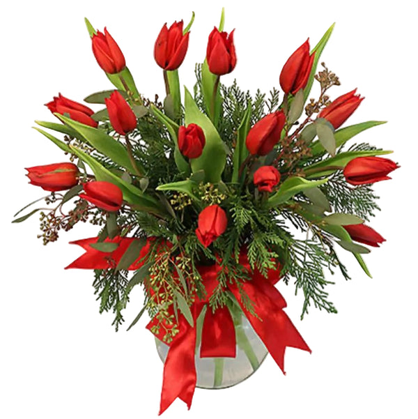 Crimson Holiday Tulips red tulip Christmas arrangement with festive greenery and holiday accents