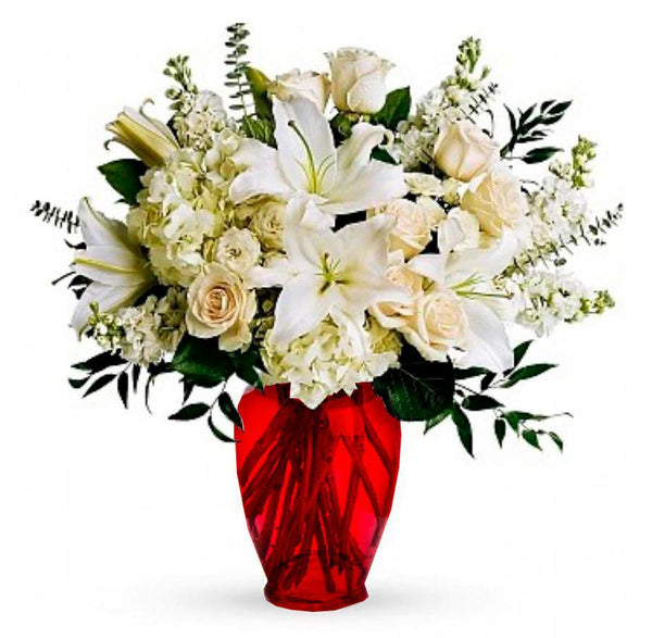 White Roses and Lilies in a red vase