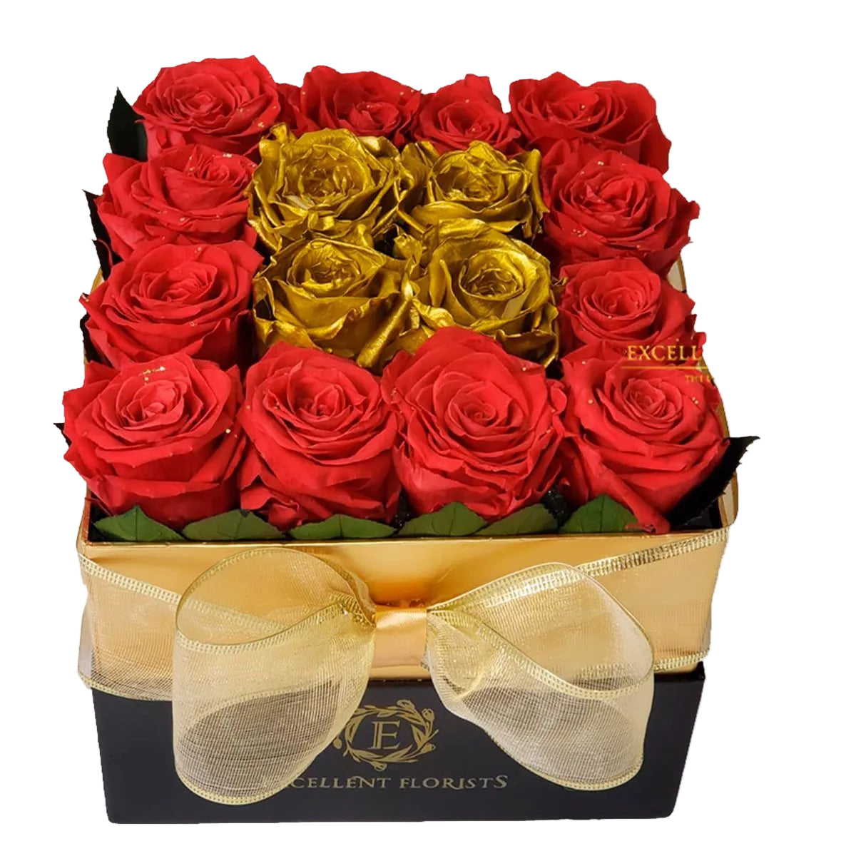 Golden Heart Preserved Roses Box with 18 preserved red roses and gold heart design