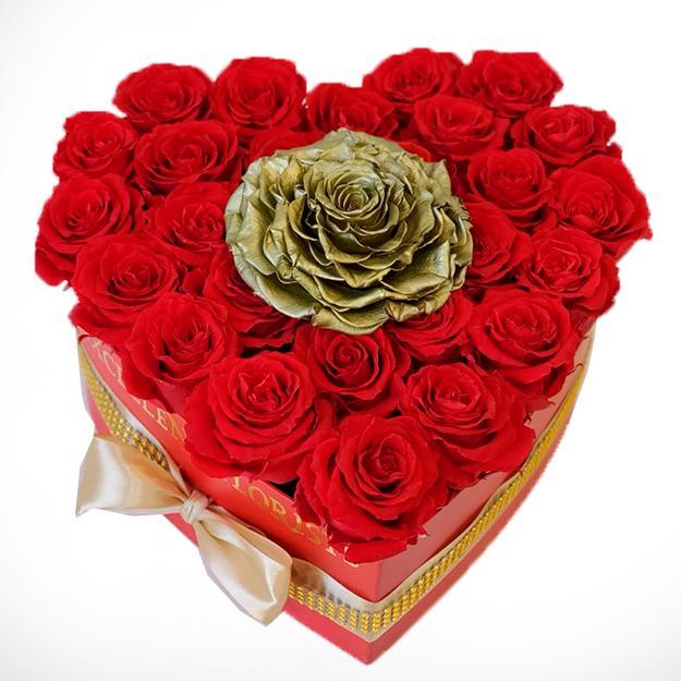 Golden and red Heart 28 Red and 1 Jumbo Preserved roses