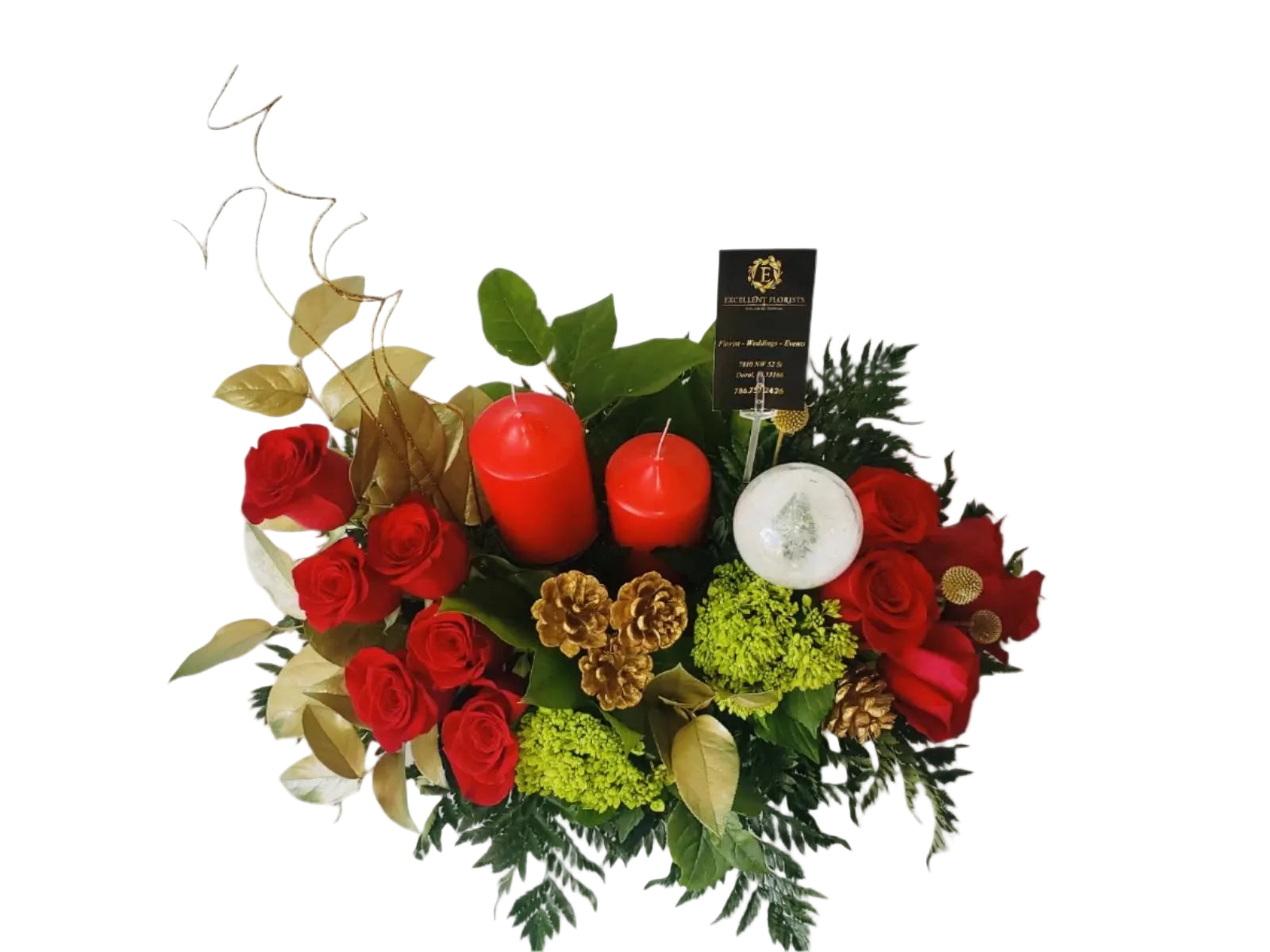 Elegant Holiday Bloom Centerpiece with roses, lilies, festive greenery, pinecones and berries by Excellent Florists
