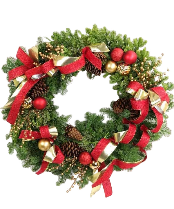 Joyous Holiday Wreath evergreen Christmas wreath with red and gold ornaments, festive ribbon and pinecones