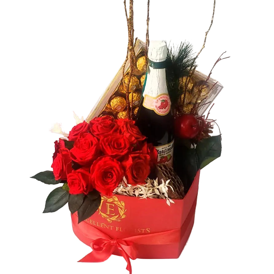 Eternal Love Celebration Box heart-shaped box with preserved red roses, premium chocolate and sparkling apple beverage