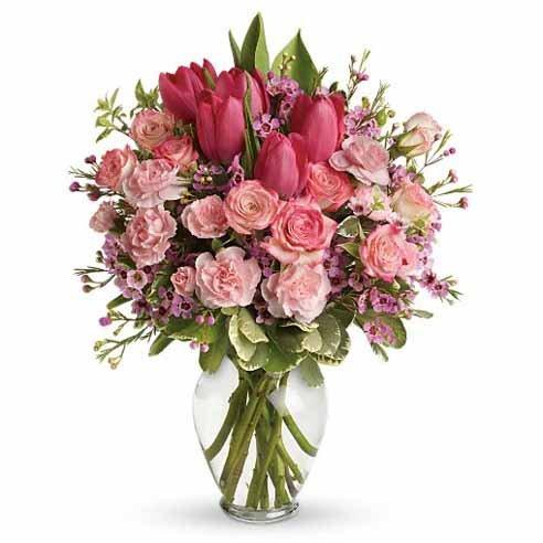 Pink roses and tulips floral arrangement