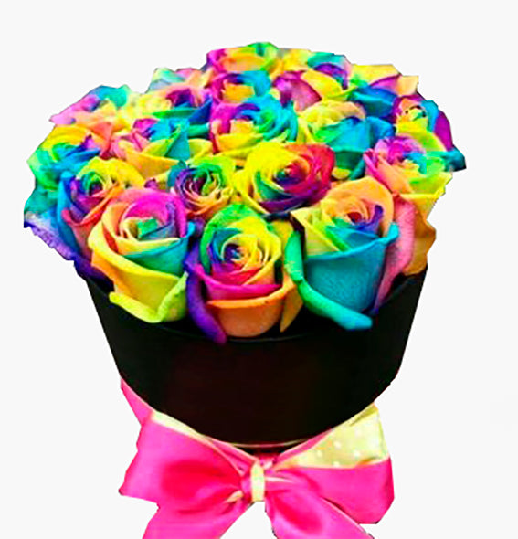 Two Dozen Roses in a Round Box - Rainbow