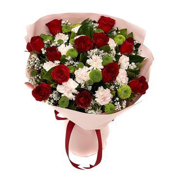 Red and White Rose Bouquet with Greenery * Vase not included