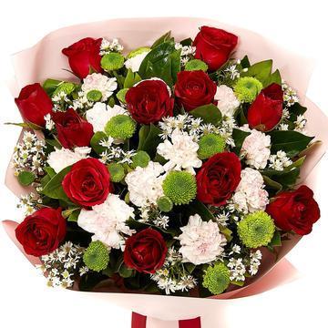 Red and White Rose Bouquet with Greenery * Vase not included