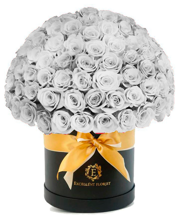 50 white roses in a fancy luxury box