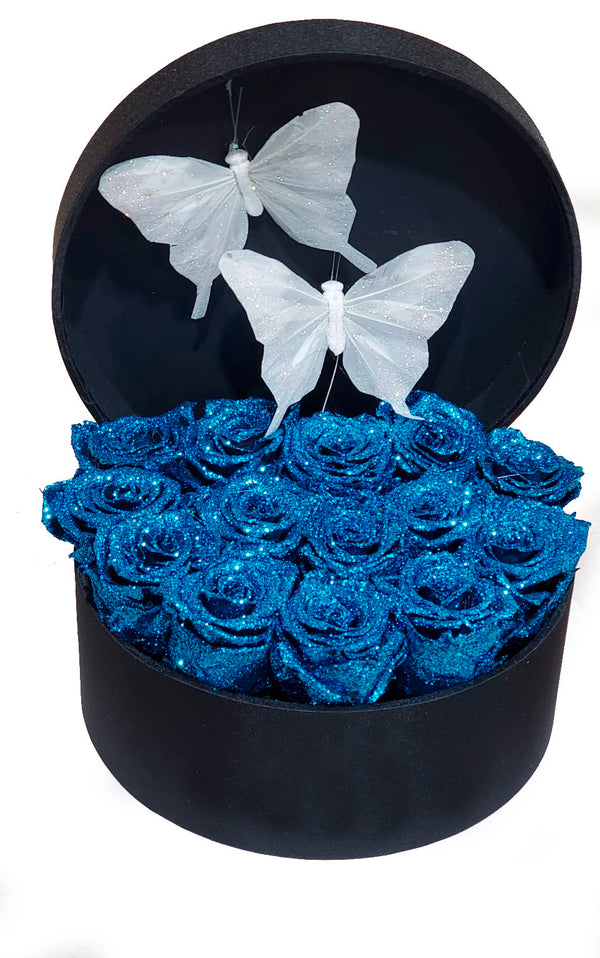 Blue Glitter Preserved roses round box with butterflies
